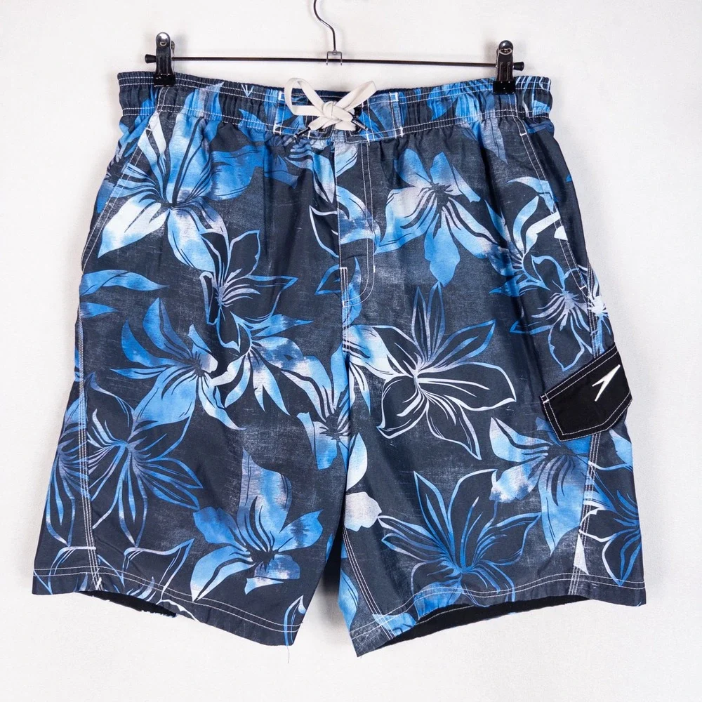 Speedo Mens Swim Trunks Large Blue Floral Hibiscus Board Shorts Mesh Lined *